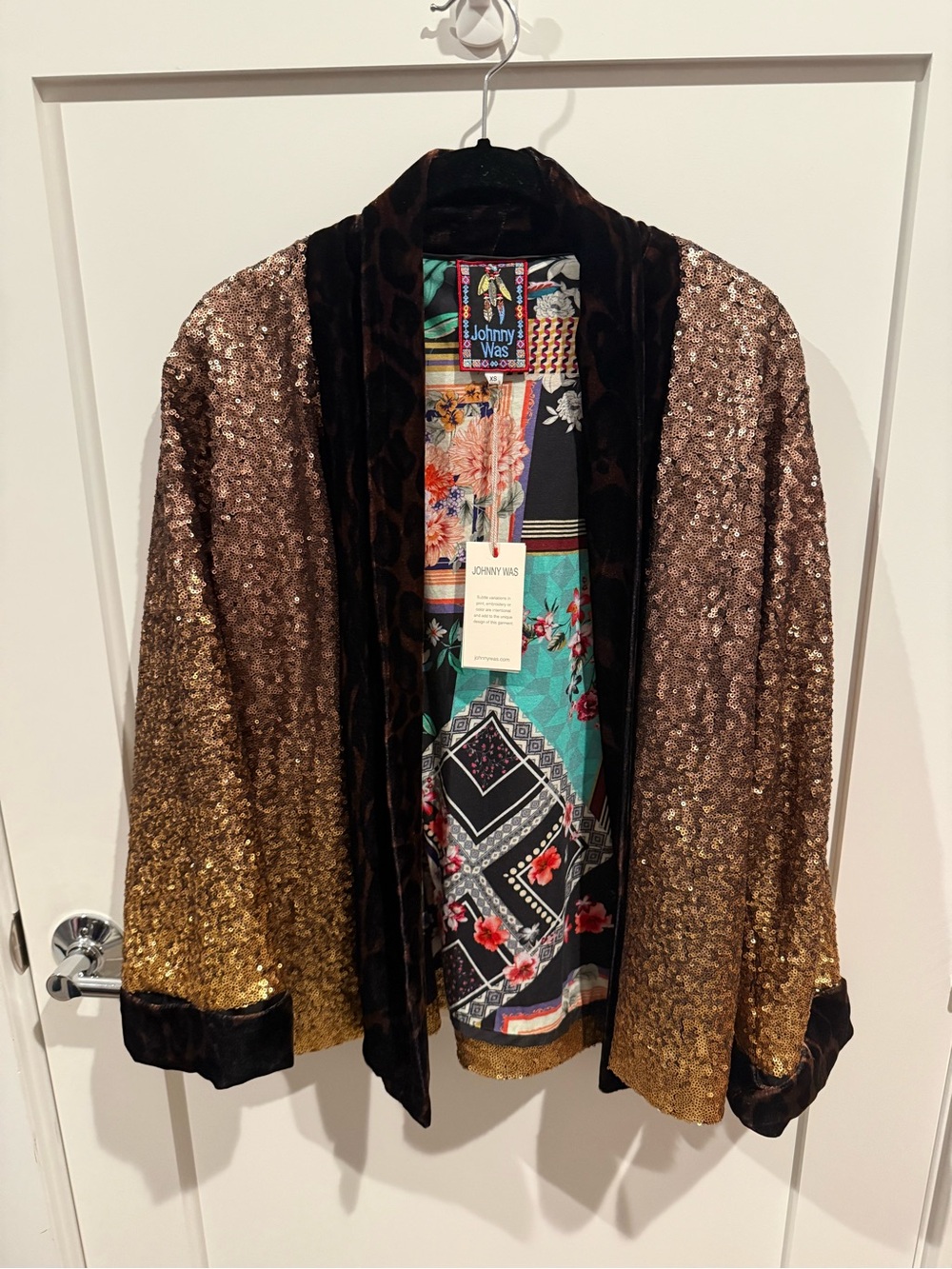 NWT Johnny Was Gold Sequin Open-Front Lined Jacket with Brown Velvet size XS